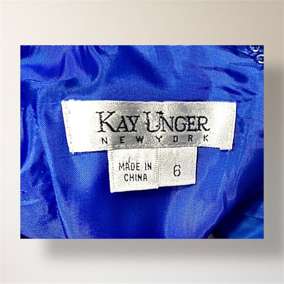 Kay Unger NY 6 Blue Jacquard Satin Square Neck Cap Sleeve Wedding Party Dress - Picture 6 of 8